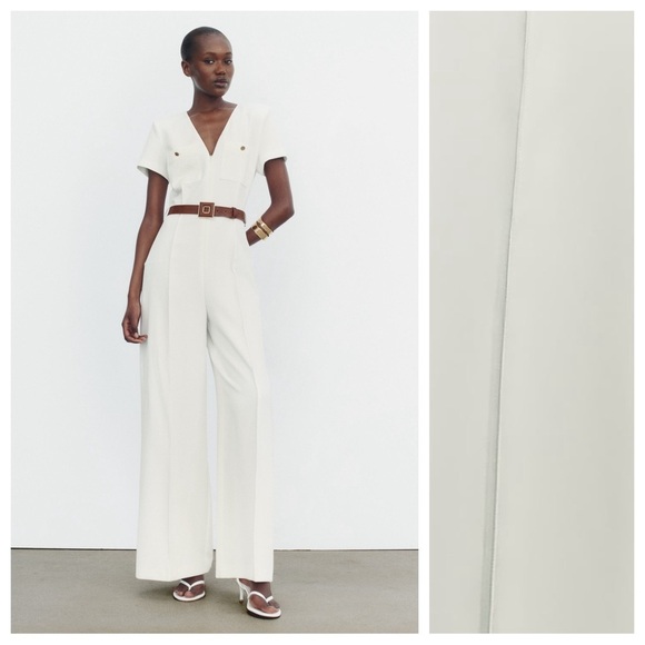 Zara Pants - NWT. Zara White Belted Crepe V-neck Jumpsuit with Short Sleeves. Size L.